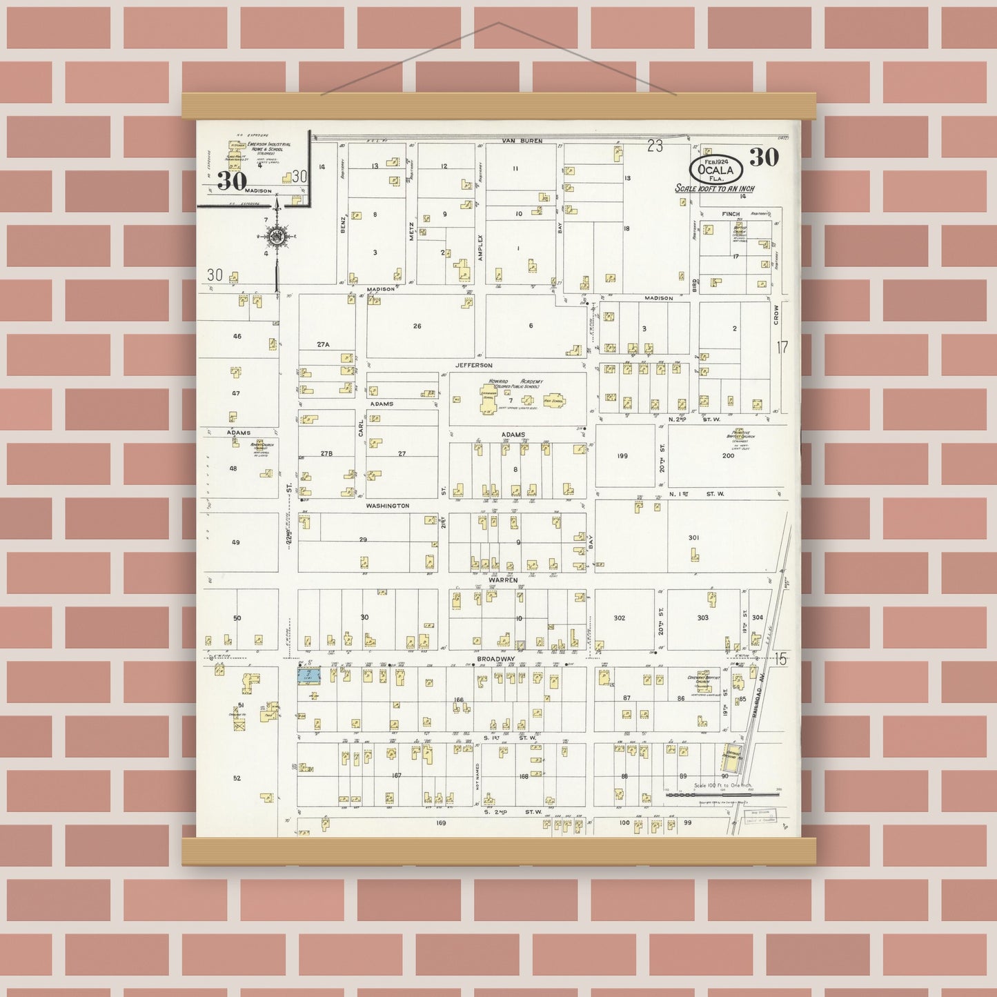Old map wall art mockup — magnetic wood frame on brick wall — Sanborn Fire Insurance Map from Ocala, Marion County, Florida (1924), Sheet #0030