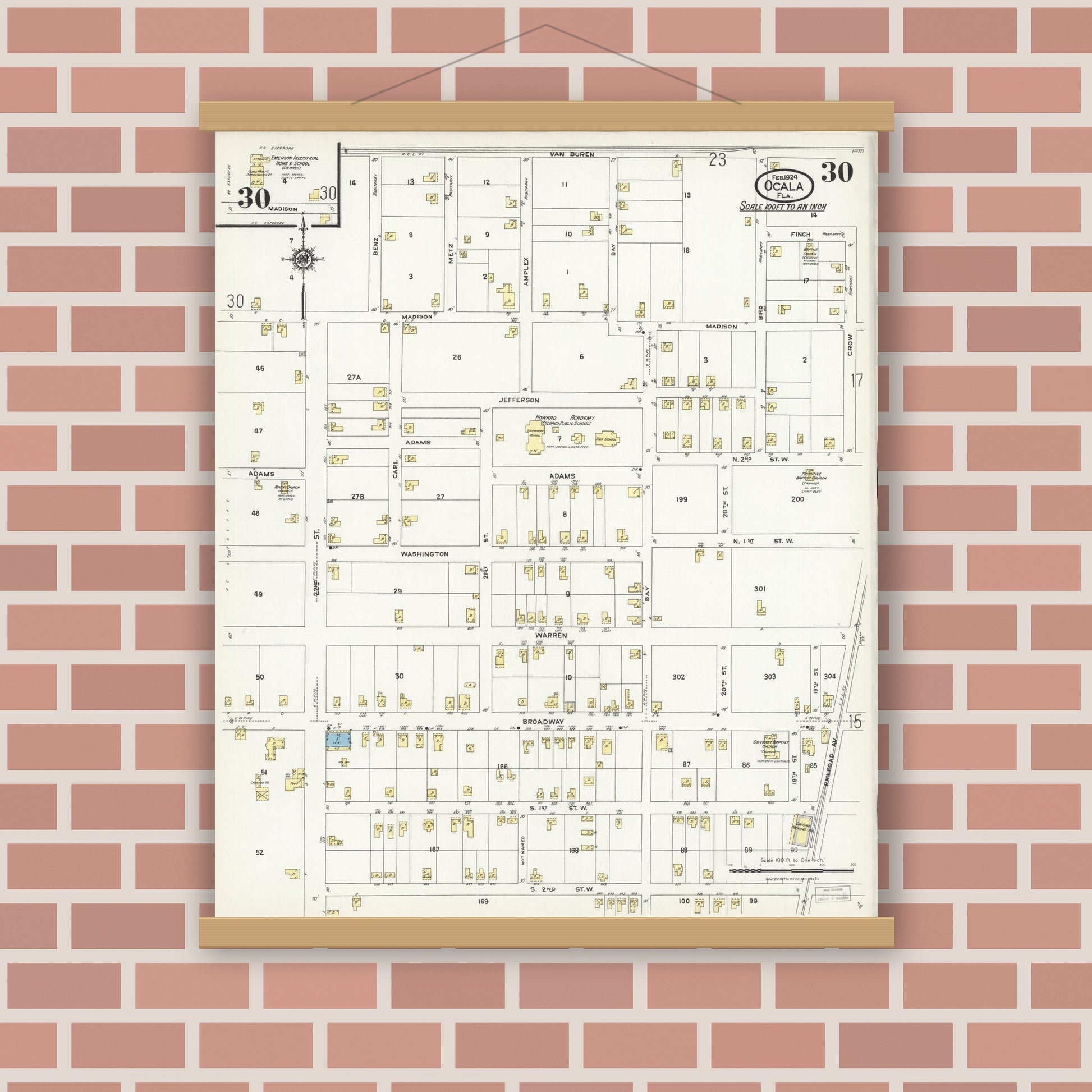 Old map wall art mockup — magnetic wood frame on brick wall — Sanborn Fire Insurance Map from Ocala, Marion County, Florida (1924), Sheet #0030