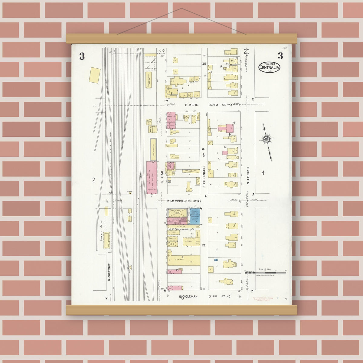 Old map wall art mockup — magnetic wood frame on brick wall — Sanborn Fire Insurance Map from Centralia, Marion, Clinton, Jefferson, and Washington Counties, Illinois (1924), Sheet #0003