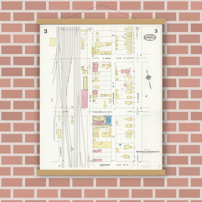 Old map wall art mockup — magnetic wood frame on brick wall — Sanborn Fire Insurance Map from Centralia, Marion, Clinton, Jefferson, and Washington Counties, Illinois (1924), Sheet #0003