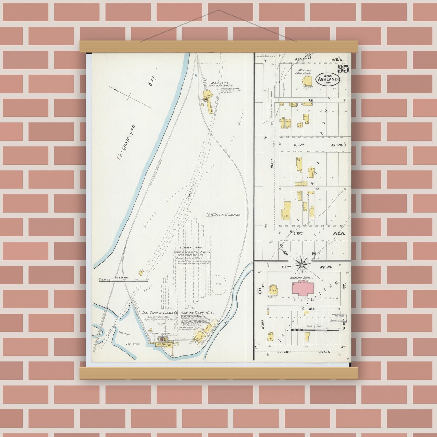 Old map wall art mockup — magnetic wood frame on brick wall — Sanborn Fire Insurance Map from Ashland, Ashland County, Wisconsin (1901), Sheet #0035