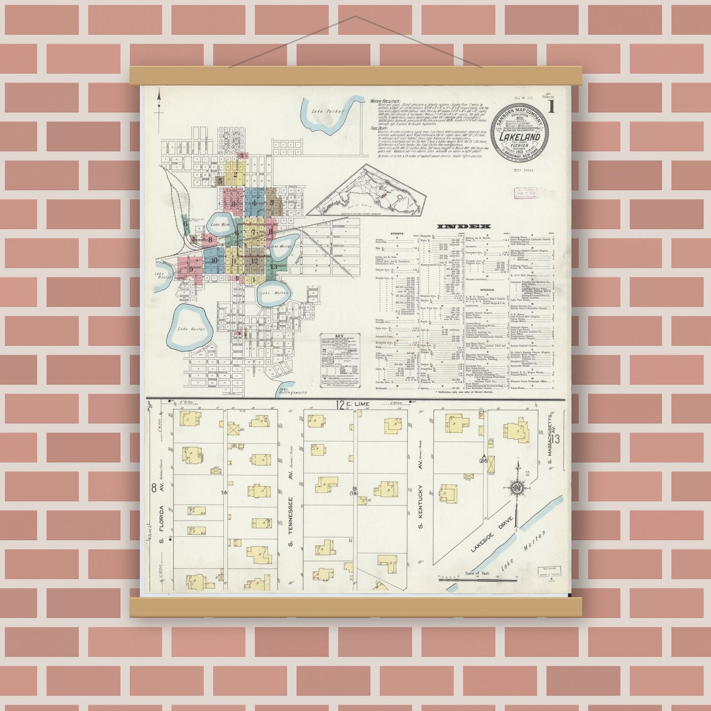 Old map wall art mockup — magnetic wood frame on brick wall — Sanborn Fire Insurance Map from Lakeland, Polk County, Florida (1913) - Complete Map Set