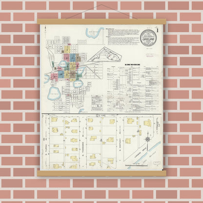 Old map wall art mockup — magnetic wood frame on brick wall — Sanborn Fire Insurance Map from Lakeland, Polk County, Florida (1913) - Complete Map Set