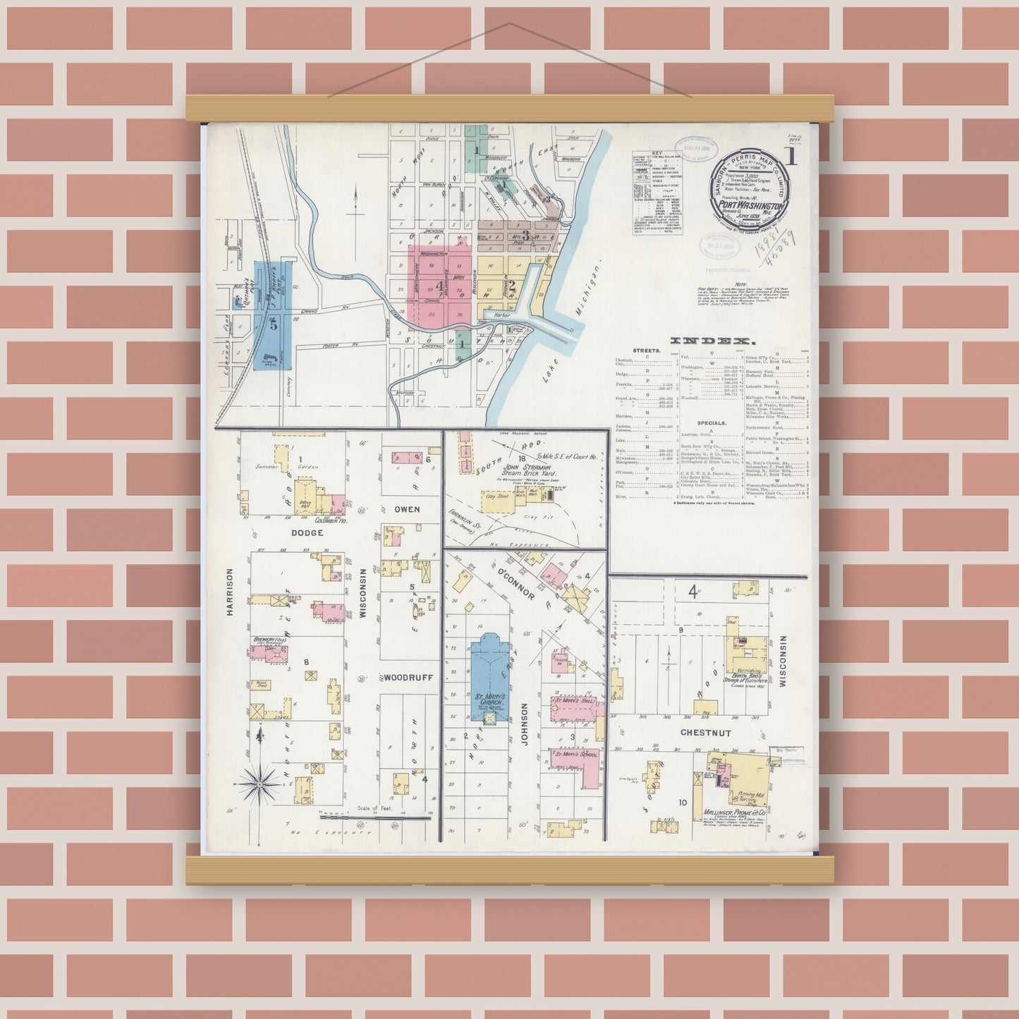 Old map wall art mockup — magnetic wood frame on brick wall — Sanborn Fire Insurance Map from Port Washington, Ozaukee County, Wisconsin (1898) - Complete Map Set
