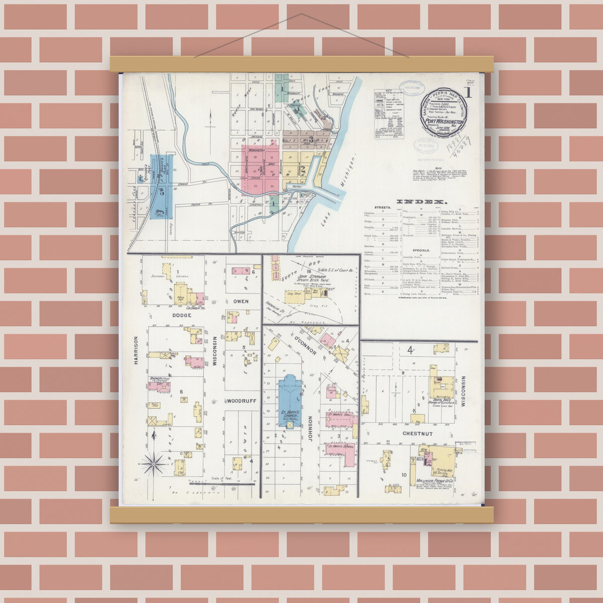 Old map wall art mockup — magnetic wood frame on brick wall — Sanborn Fire Insurance Map from Port Washington, Ozaukee County, Wisconsin (1898) - Complete Map Set