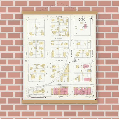Old map wall art mockup — magnetic wood frame on brick wall — Sanborn Fire Insurance Map from Bryan, Brazos County, Texas (1912), Sheet #0012