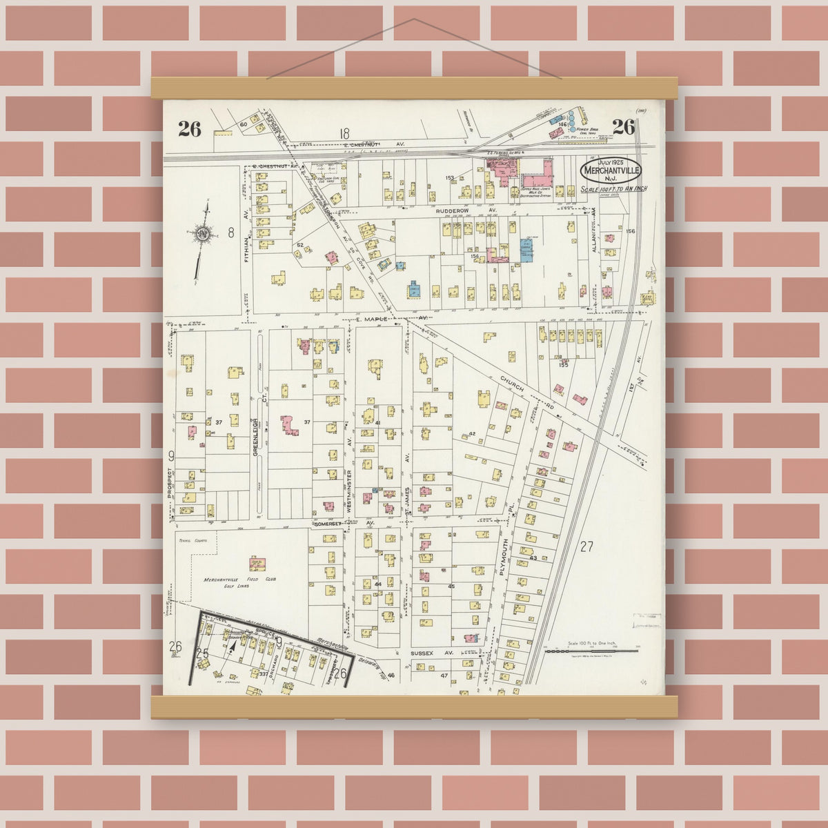 Old map wall art mockup — magnetic wood frame on brick wall — Sanborn Fire Insurance Map from Merchantville, Camden County, New Jersey (1925), Sheet #0026