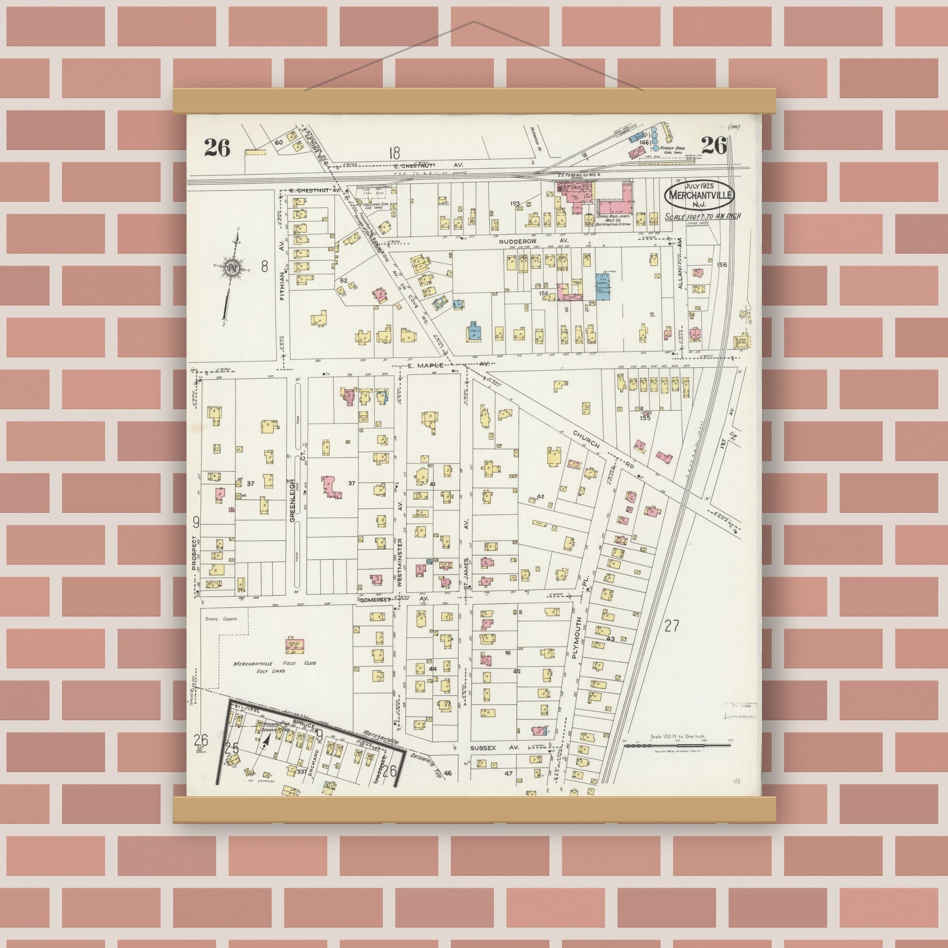 Old map wall art mockup — magnetic wood frame on brick wall — Sanborn Fire Insurance Map from Merchantville, Camden County, New Jersey (1925), Sheet #0026