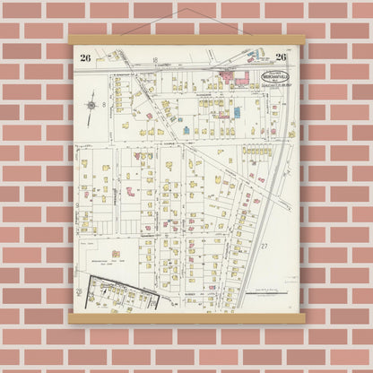 Old map wall art mockup — magnetic wood frame on brick wall — Sanborn Fire Insurance Map from Merchantville, Camden County, New Jersey (1925), Sheet #0026