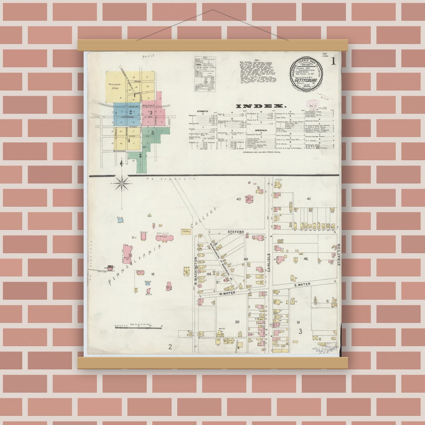 Old map wall art mockup — magnetic wood frame on brick wall — Sanborn Fire Insurance Map from Gettysburg, Adams County, Pennsylvania (1896) - Complete Map Set