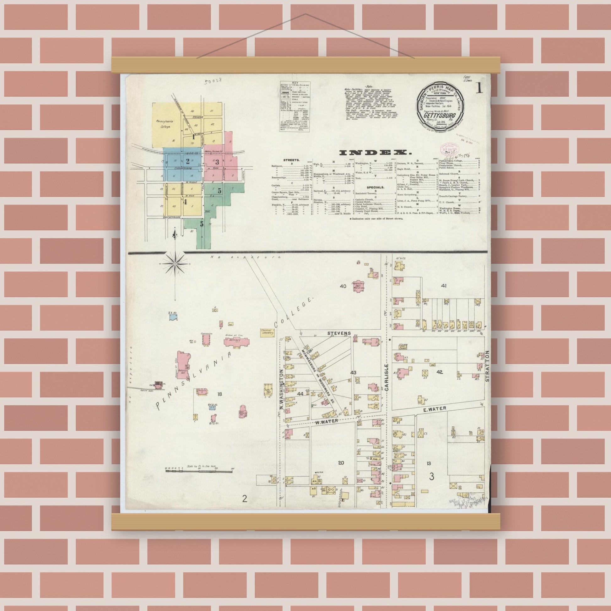Old map wall art mockup — magnetic wood frame on brick wall — Sanborn Fire Insurance Map from Gettysburg, Adams County, Pennsylvania (1896) - Complete Map Set