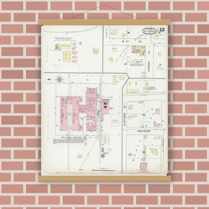 Old map wall art mockup — magnetic wood frame on brick wall — Sanborn Fire Insurance Map from Dixon, Lee County, Illinois (1891), Sheet #0013