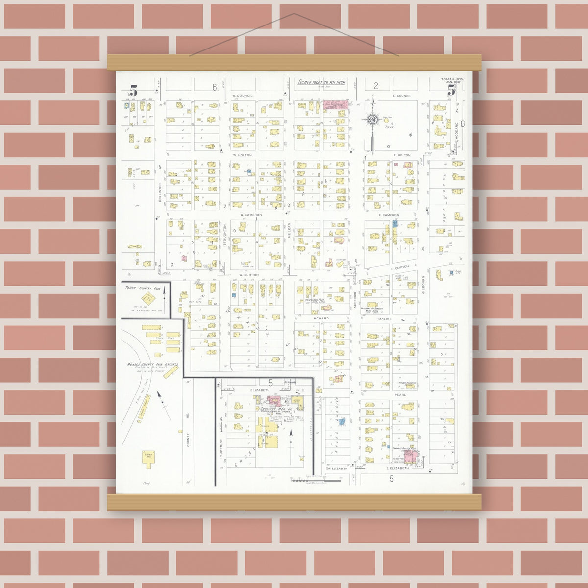 Old map wall art mockup — magnetic wood frame on brick wall — Sanborn Fire Insurance Map from Tomah, Monroe County, Wisconsin (1937), Sheet #0005