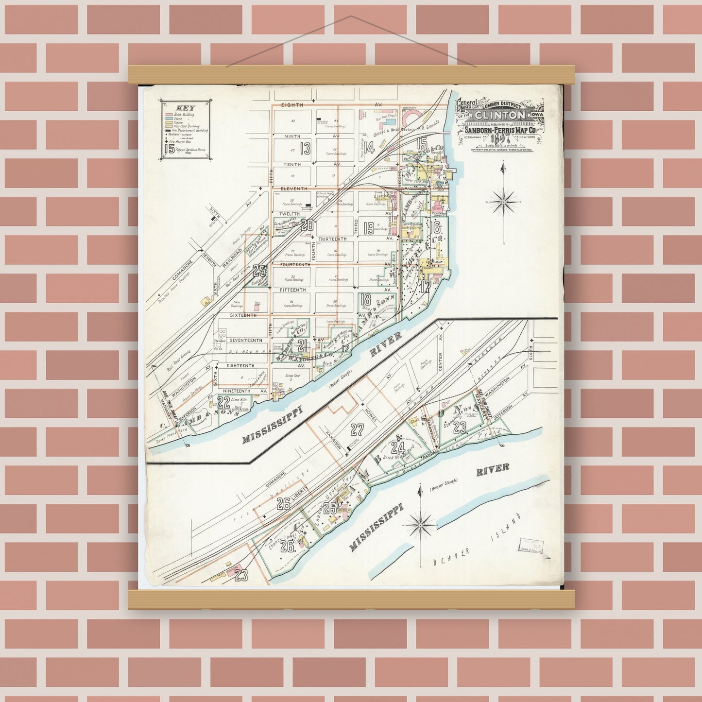 Old map wall art mockup — magnetic wood frame on brick wall — Sanborn Fire Insurance Map from Clinton, Clinton County, Iowa (1897) â€” Complete Set