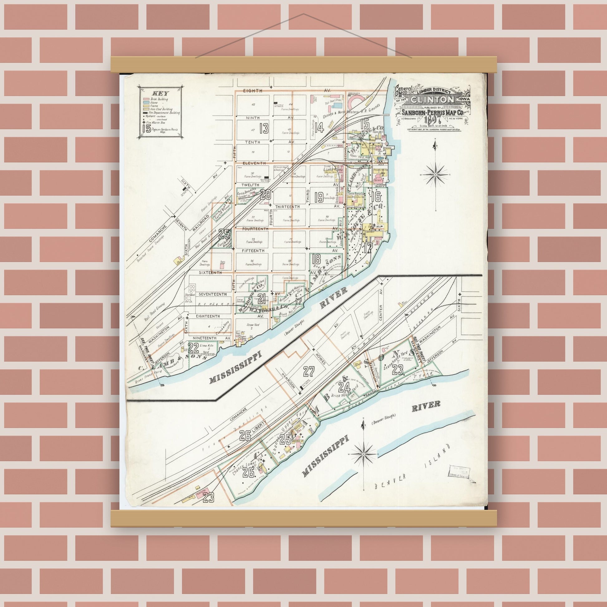 Old map wall art mockup — magnetic wood frame on brick wall — Sanborn Fire Insurance Map from Clinton, Clinton County, Iowa (1897) â€” Complete Set