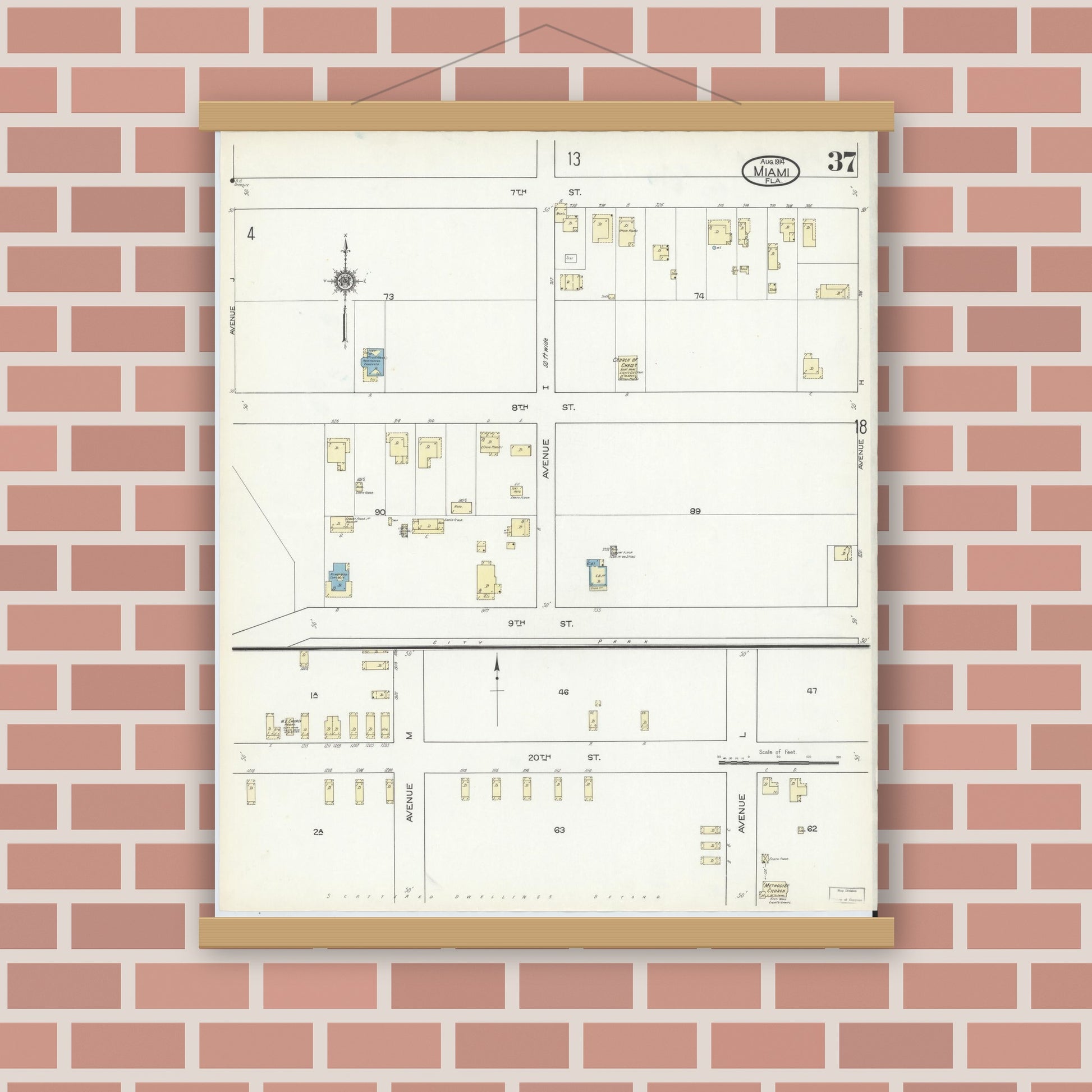 Old map wall art mockup — magnetic wood frame on brick wall — Sanborn Fire Insurance Map from Miami, Dade County, Florida (1914), Sheet #0037