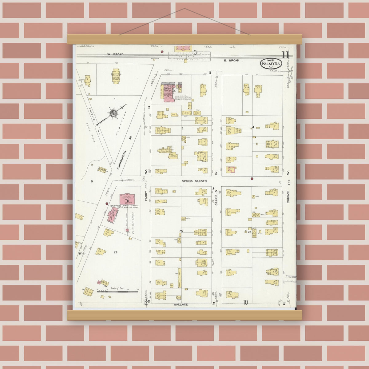 Old map wall art mockup — magnetic wood frame on brick wall — Sanborn Fire Insurance Map from Palmyra, Burlington County, New Jersey (1911), Sheet #0011