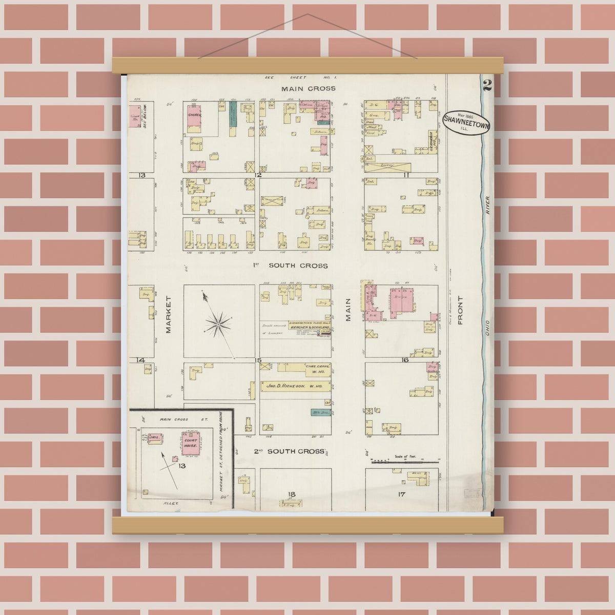 Old map wall art mockup — magnetic wood frame on brick wall — Sanborn Fire Insurance Map from Shawneetown, Gallatin County, Illinois (1885), Sheet #0002