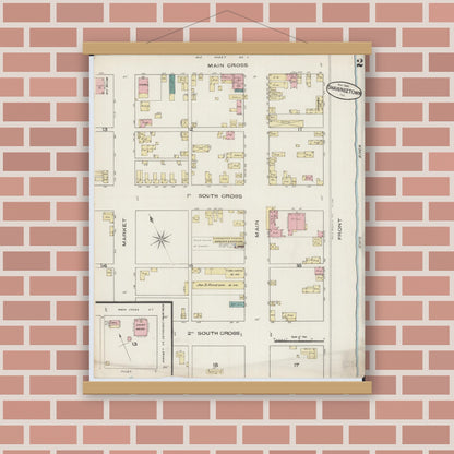 Old map wall art mockup — magnetic wood frame on brick wall — Sanborn Fire Insurance Map from Shawneetown, Gallatin County, Illinois (1885), Sheet #0002