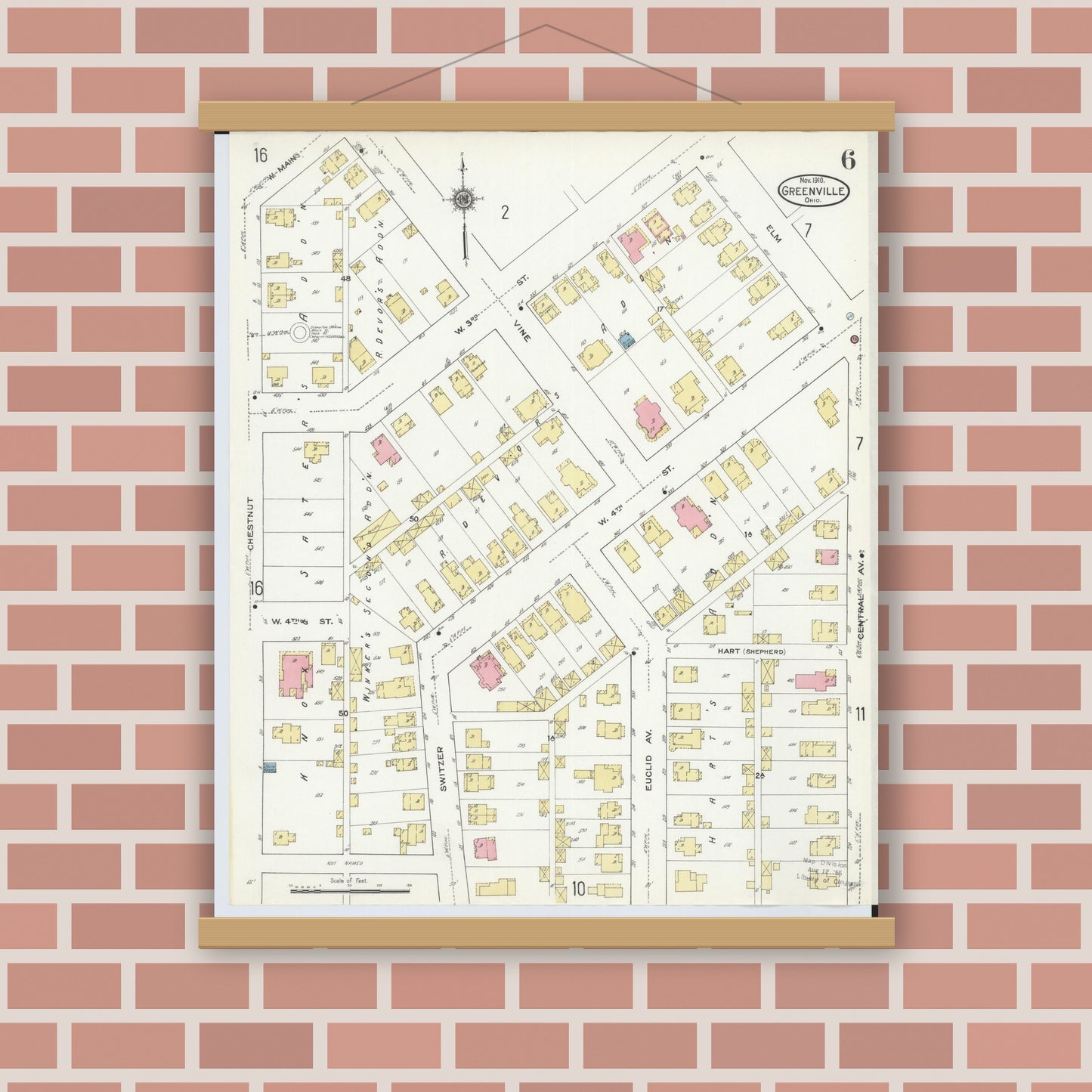 Old map wall art mockup — magnetic wood frame on brick wall — Sanborn Fire Insurance Map from Greenville, Darke County, Ohio (1910), Sheet #0006