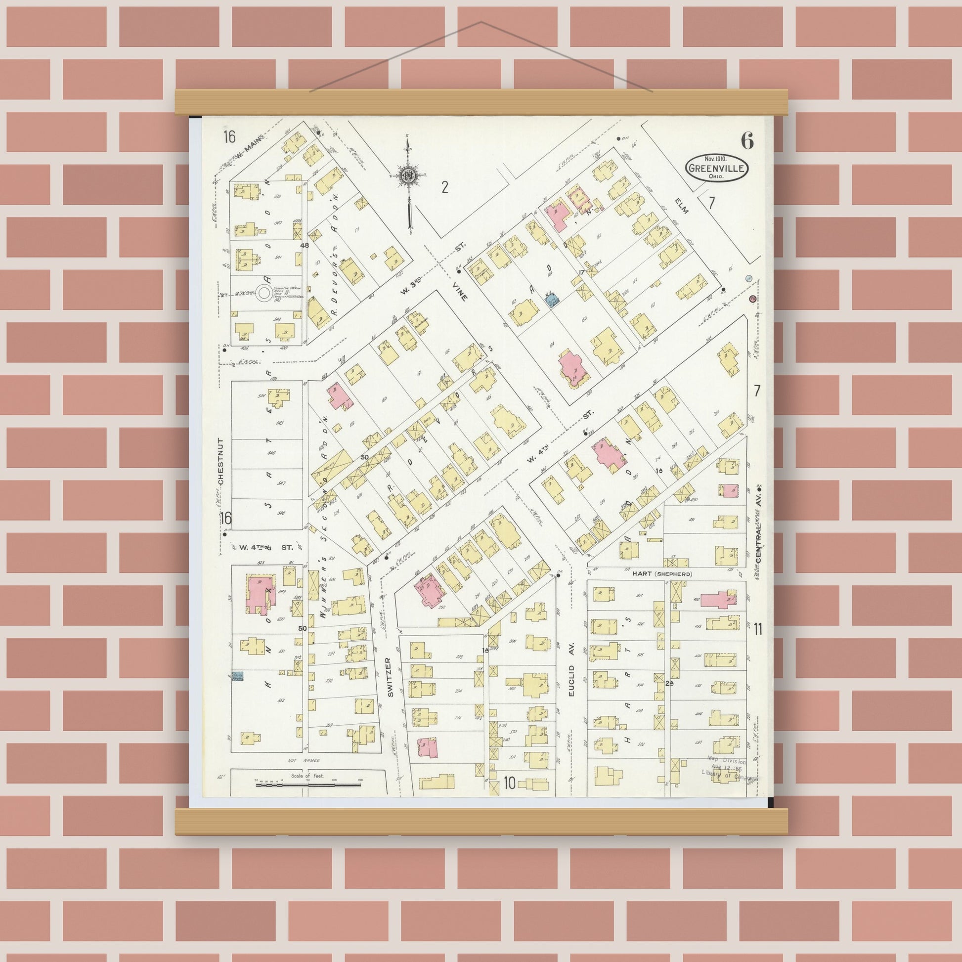 Old map wall art mockup — magnetic wood frame on brick wall — Sanborn Fire Insurance Map from Greenville, Darke County, Ohio (1910), Sheet #0006