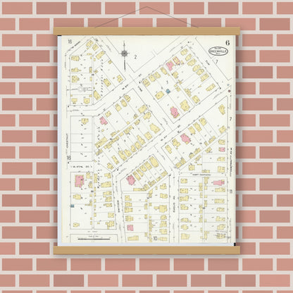 Old map wall art mockup — magnetic wood frame on brick wall — Sanborn Fire Insurance Map from Greenville, Darke County, Ohio (1910), Sheet #0006