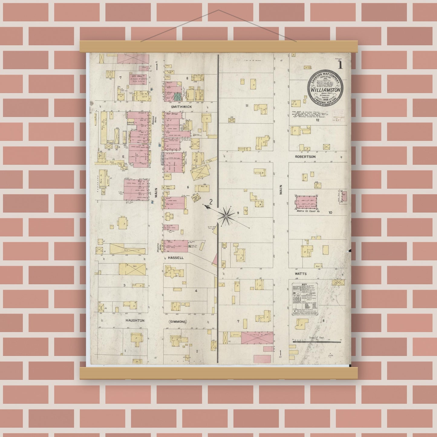 Old map wall art mockup — magnetic wood frame on brick wall — Sanborn Fire Insurance Map from Williamston, Martin County, North Carolina (1908), Sheet #0001