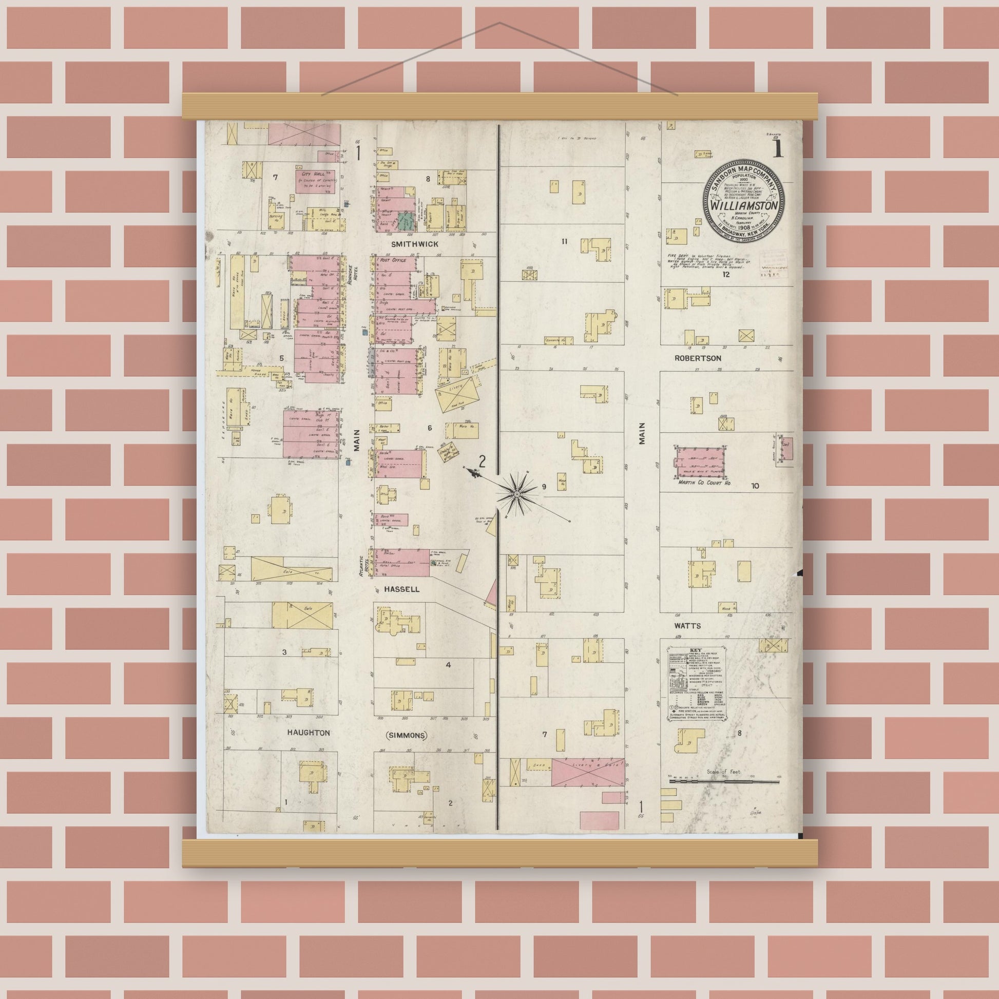 Old map wall art mockup — magnetic wood frame on brick wall — Sanborn Fire Insurance Map from Williamston, Martin County, North Carolina (1908), Sheet #0001
