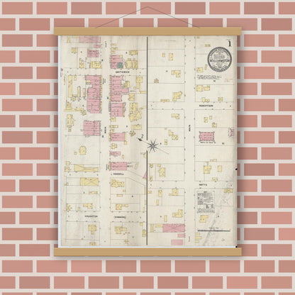Old map wall art mockup — magnetic wood frame on brick wall — Sanborn Fire Insurance Map from Williamston, Martin County, North Carolina (1908), Sheet #0001