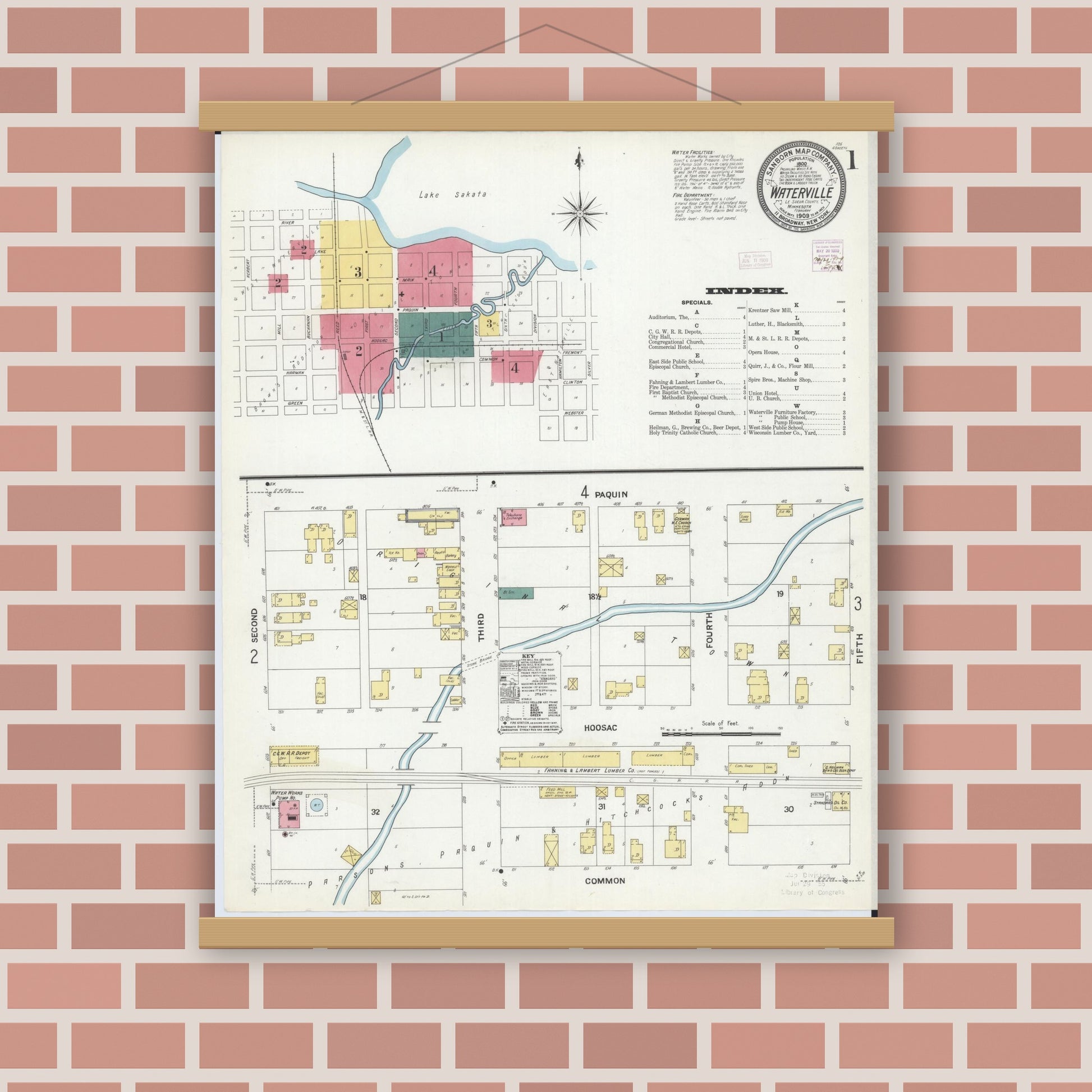 Old map wall art mockup — magnetic wood frame on brick wall — Sanborn Fire Insurance Map from Waterville, Le Sueur County, Minnesota (1909) - Complete Map Set