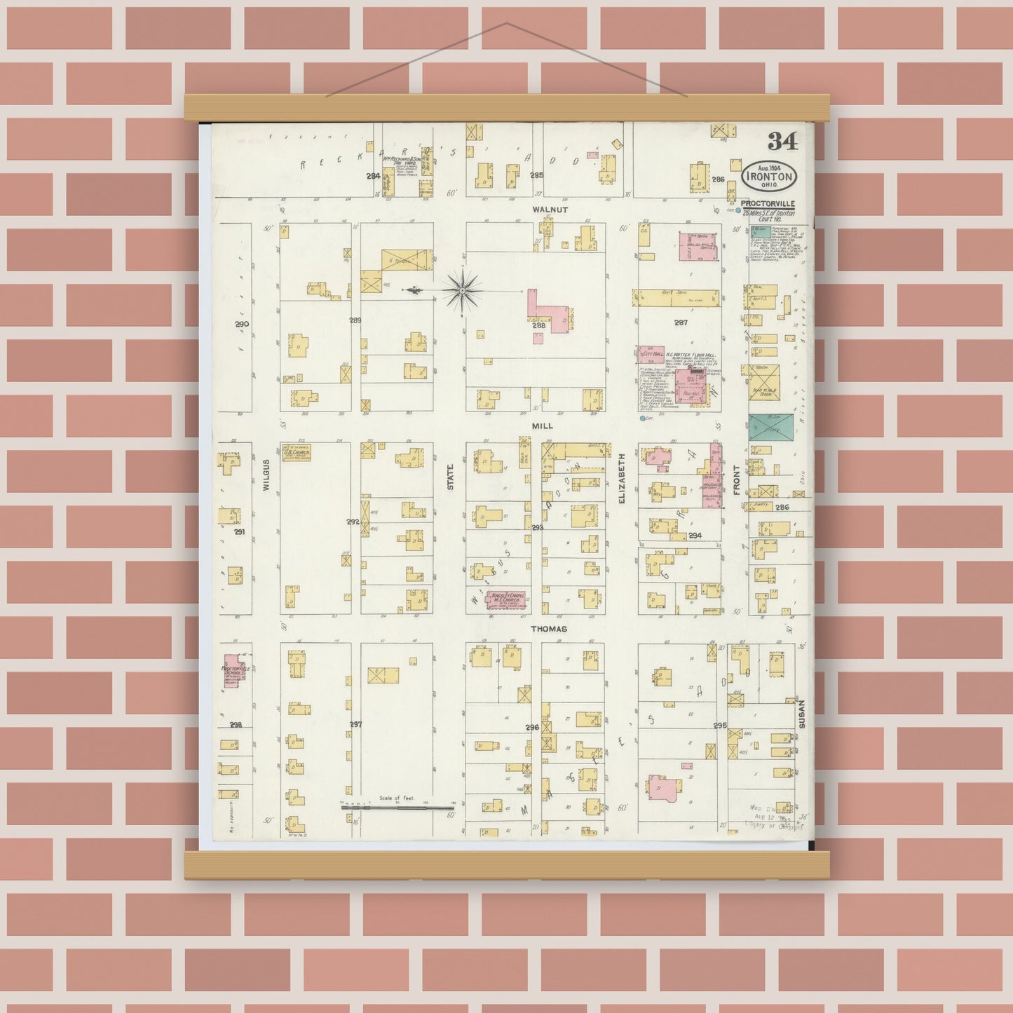 Old map wall art mockup — magnetic wood frame on brick wall — Sanborn Fire Insurance Map from Ironton, Lawrence County, Ohio (1904), Sheet #0034
