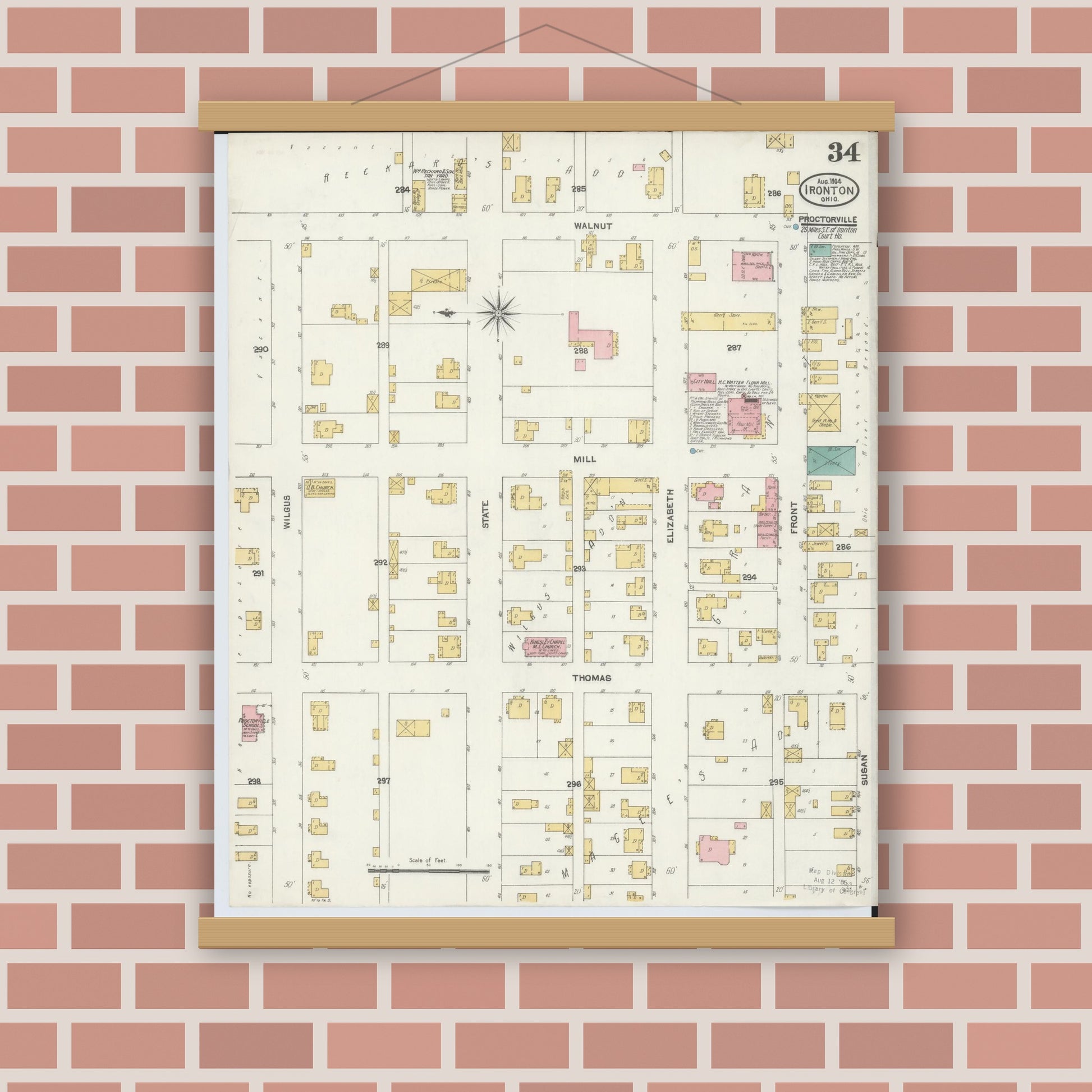Old map wall art mockup — magnetic wood frame on brick wall — Sanborn Fire Insurance Map from Ironton, Lawrence County, Ohio (1904), Sheet #0034
