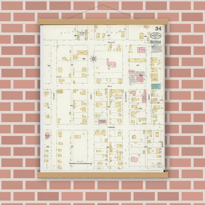Old map wall art mockup — magnetic wood frame on brick wall — Sanborn Fire Insurance Map from Ironton, Lawrence County, Ohio (1904), Sheet #0034
