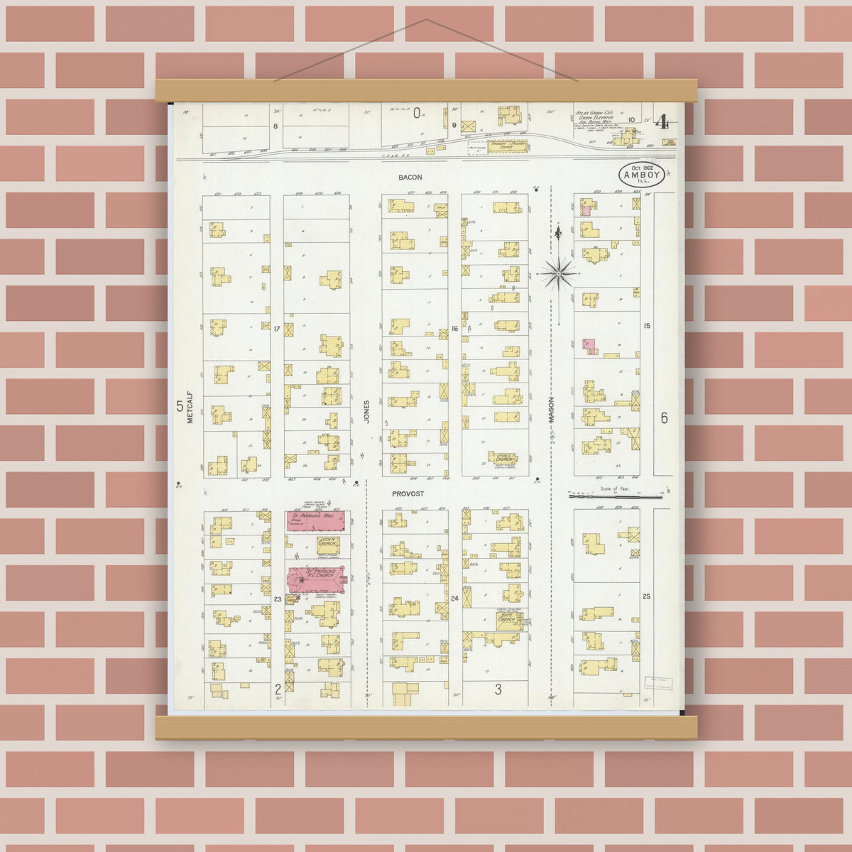 Old map wall art mockup — magnetic wood frame on brick wall — Sanborn Fire Insurance Map from Amboy, Lee County, Illinois (1902), Sheet #0004