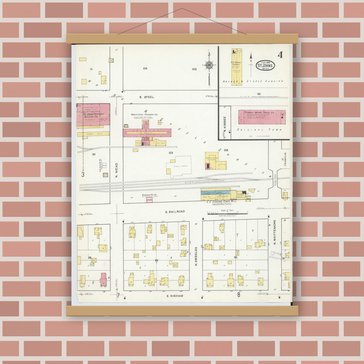 Old map wall art mockup — magnetic wood frame on brick wall — Sanborn Fire Insurance Map from Saint Johns, Clinton County, Michigan (1918), Sheet #0004
