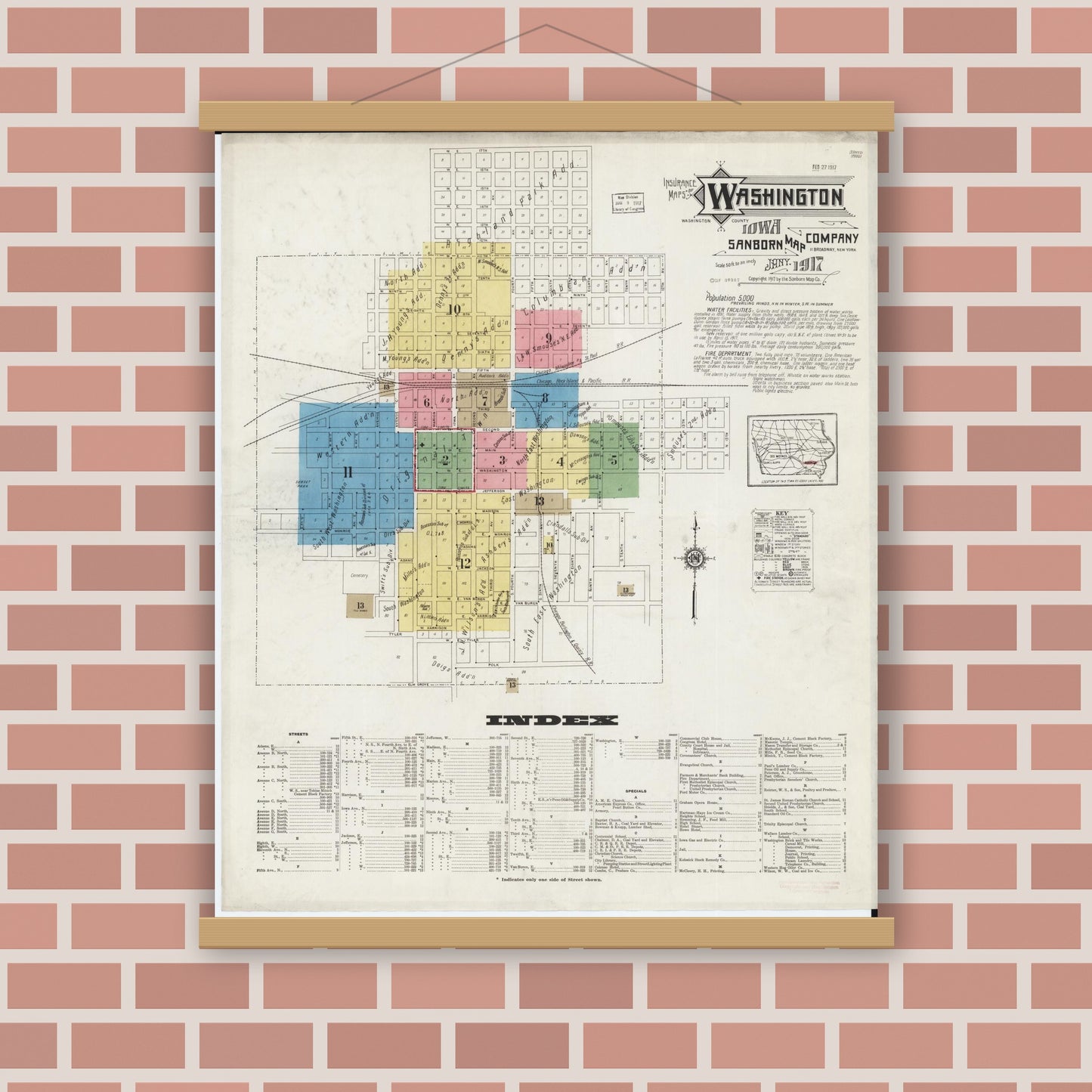 Old map wall art mockup — magnetic wood frame on brick wall — Sanborn Fire Insurance Map from Washington, Washington County, Iowa (1917) â€” Complete Set