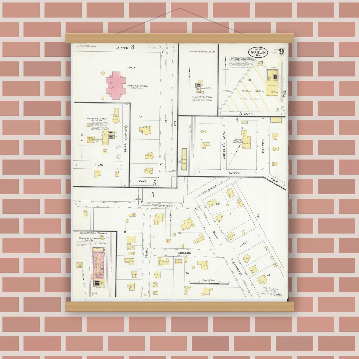 Old map wall art mockup — magnetic wood frame on brick wall — Sanborn Fire Insurance Map from Marlin, Falls County, Texas (1909), Sheet #0009