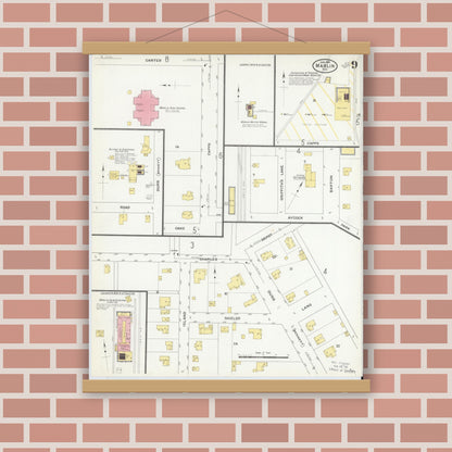 Old map wall art mockup — magnetic wood frame on brick wall — Sanborn Fire Insurance Map from Marlin, Falls County, Texas (1909), Sheet #0009