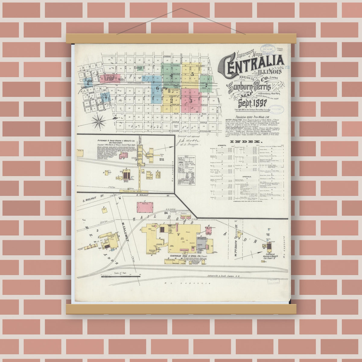 Old map wall art mockup — magnetic wood frame on brick wall — Sanborn Fire Insurance Map from Centralia, Marion, Clinton, Jefferson, and Washington Counties, Illinois (1897) - Complete Map Set