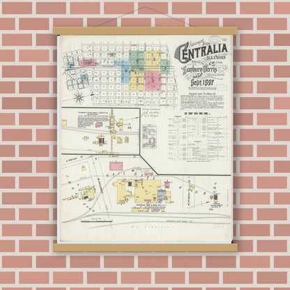 Old map wall art mockup — magnetic wood frame on brick wall — Sanborn Fire Insurance Map from Centralia, Marion, Clinton, Jefferson, and Washington Counties, Illinois (1897) - Complete Map Set
