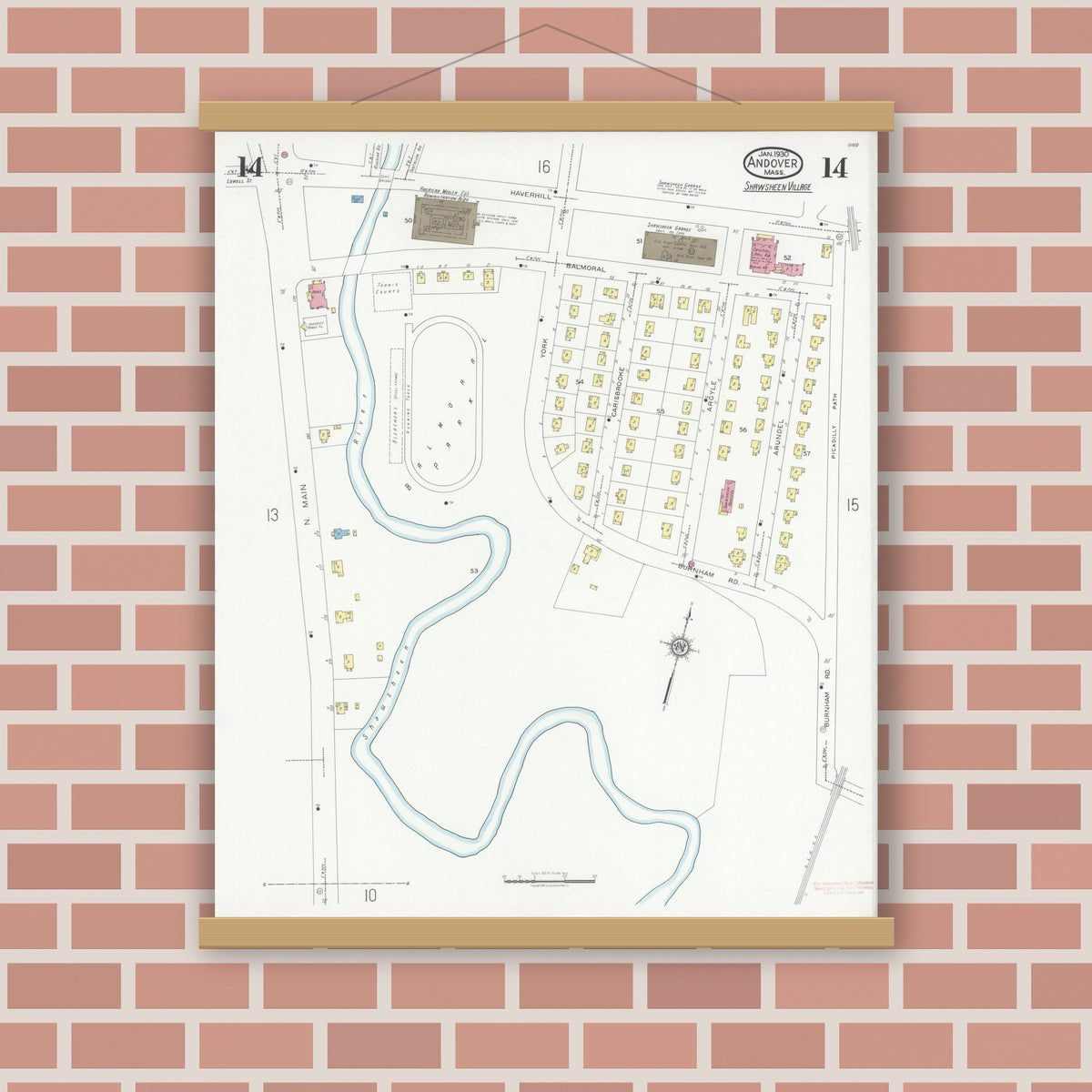 Old map wall art mockup — magnetic wood frame on brick wall — Sanborn Fire Insurance Map from Andover, Essex County, Massachusetts (1930), Sheet #0014