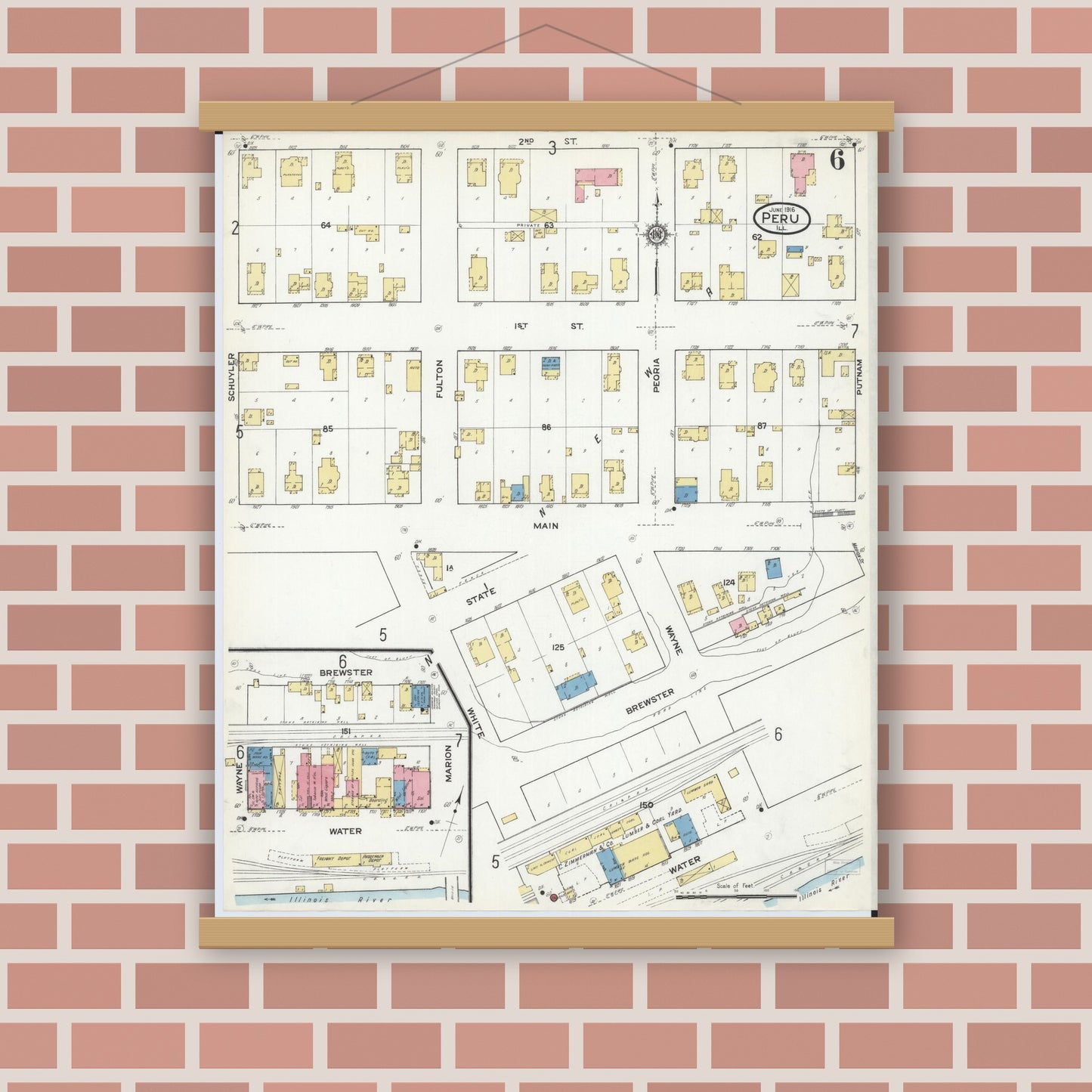 Old map wall art mockup — magnetic wood frame on brick wall — Sanborn Fire Insurance Map from Peru, La Salle County, Illinois (1916), Sheet #0006