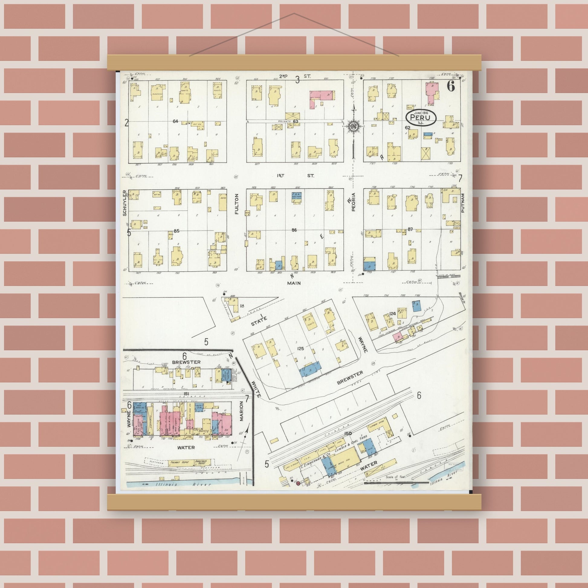 Old map wall art mockup — magnetic wood frame on brick wall — Sanborn Fire Insurance Map from Peru, La Salle County, Illinois (1916), Sheet #0006