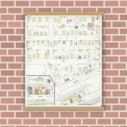 Old map wall art mockup — magnetic wood frame on brick wall — Sanborn Fire Insurance Map from Peru, La Salle County, Illinois (1916), Sheet #0006