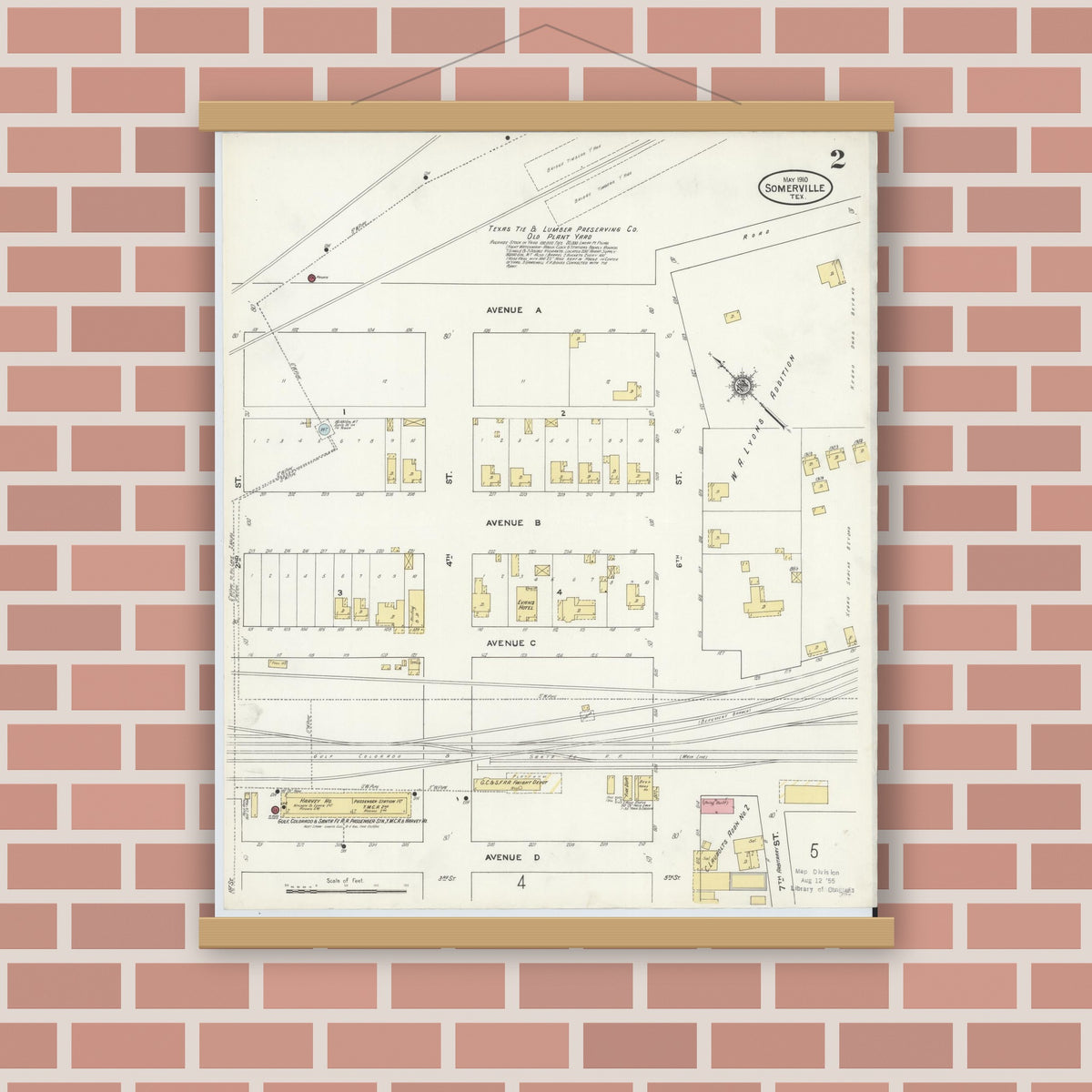 Old map wall art mockup — magnetic wood frame on brick wall — Sanborn Fire Insurance Map from Somerville, Burleson County, Texas (1910), Sheet #0002