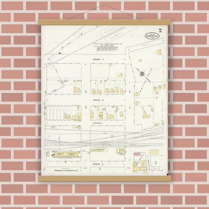 Old map wall art mockup — magnetic wood frame on brick wall — Sanborn Fire Insurance Map from Somerville, Burleson County, Texas (1910), Sheet #0002