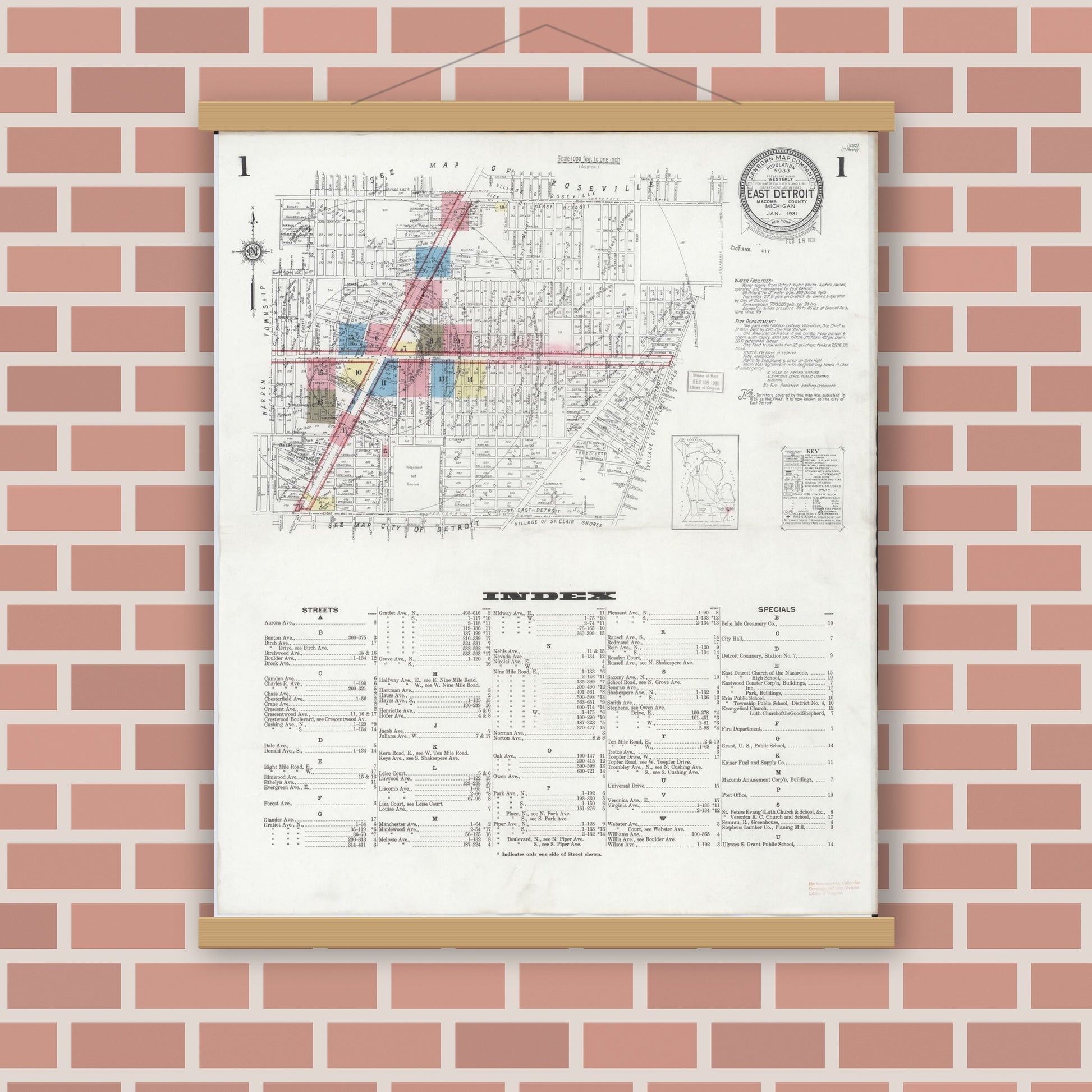 Old map wall art mockup — magnetic wood frame on brick wall — Sanborn Fire Insurance Map from East Detroit, Macomb County, Michigan (1931) - Complete Map Set