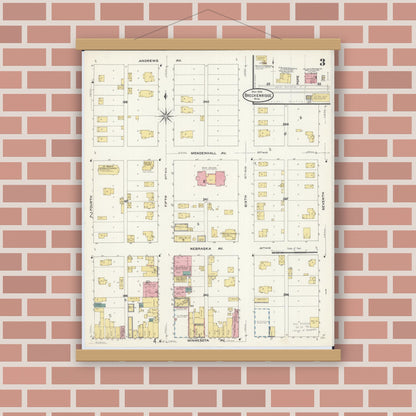 Old map wall art mockup — magnetic wood frame on brick wall — Sanborn Fire Insurance Map from Breckenridge, Wilkin County, Minnesota (1909), Sheet #0003