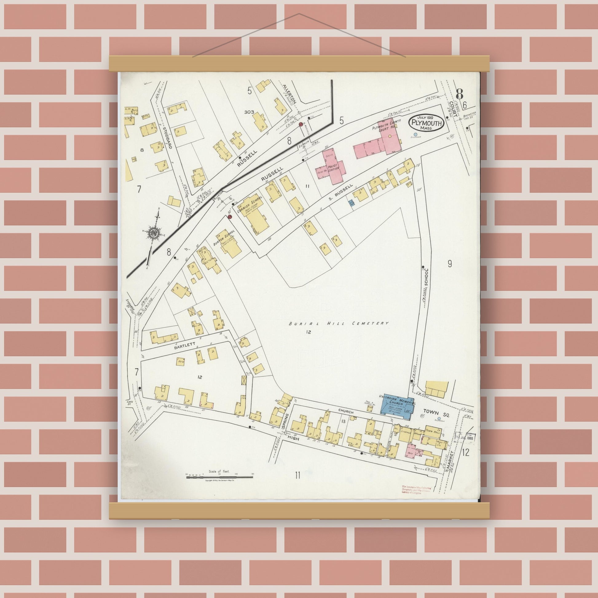 Old map wall art mockup — magnetic wood frame on brick wall — Sanborn Fire Insurance Map from Plymouth, Plymouth County, Massachusetts (1919), Sheet #0008