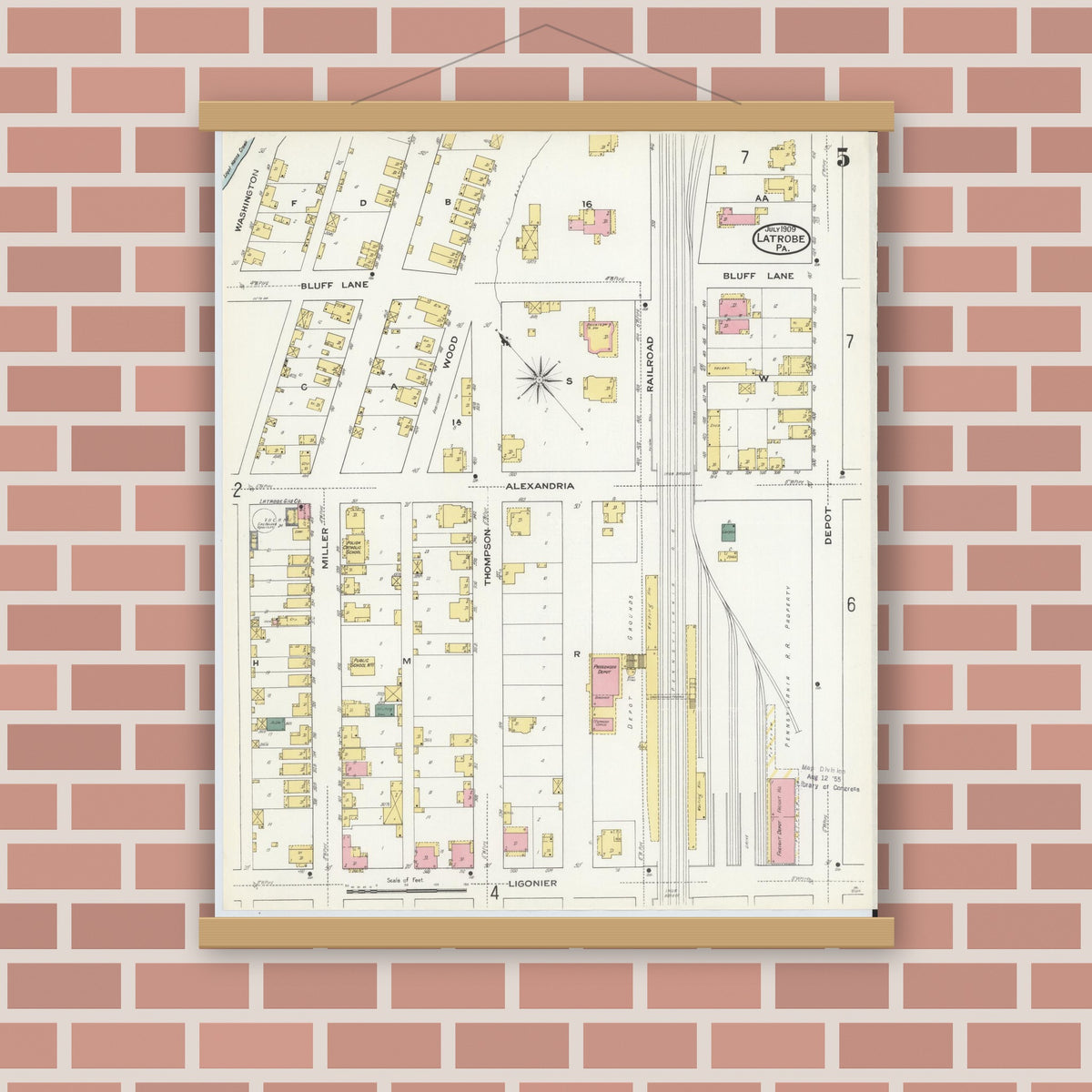 Old map wall art mockup — magnetic wood frame on brick wall — Sanborn Fire Insurance Map from Latrobe, Westmoreland County, Pennsylvania (1909), Sheet #0005